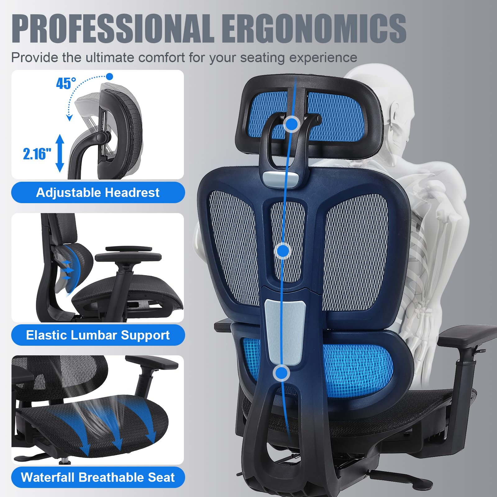 Youhauchair Ergonomic Office Chair with Lumbar Support, High Back Home Office Chairs with Adjustable Seat Depth, 3D Armrests & Headrest, Rolling Desk Chair, Mesh Computer Chair, Black