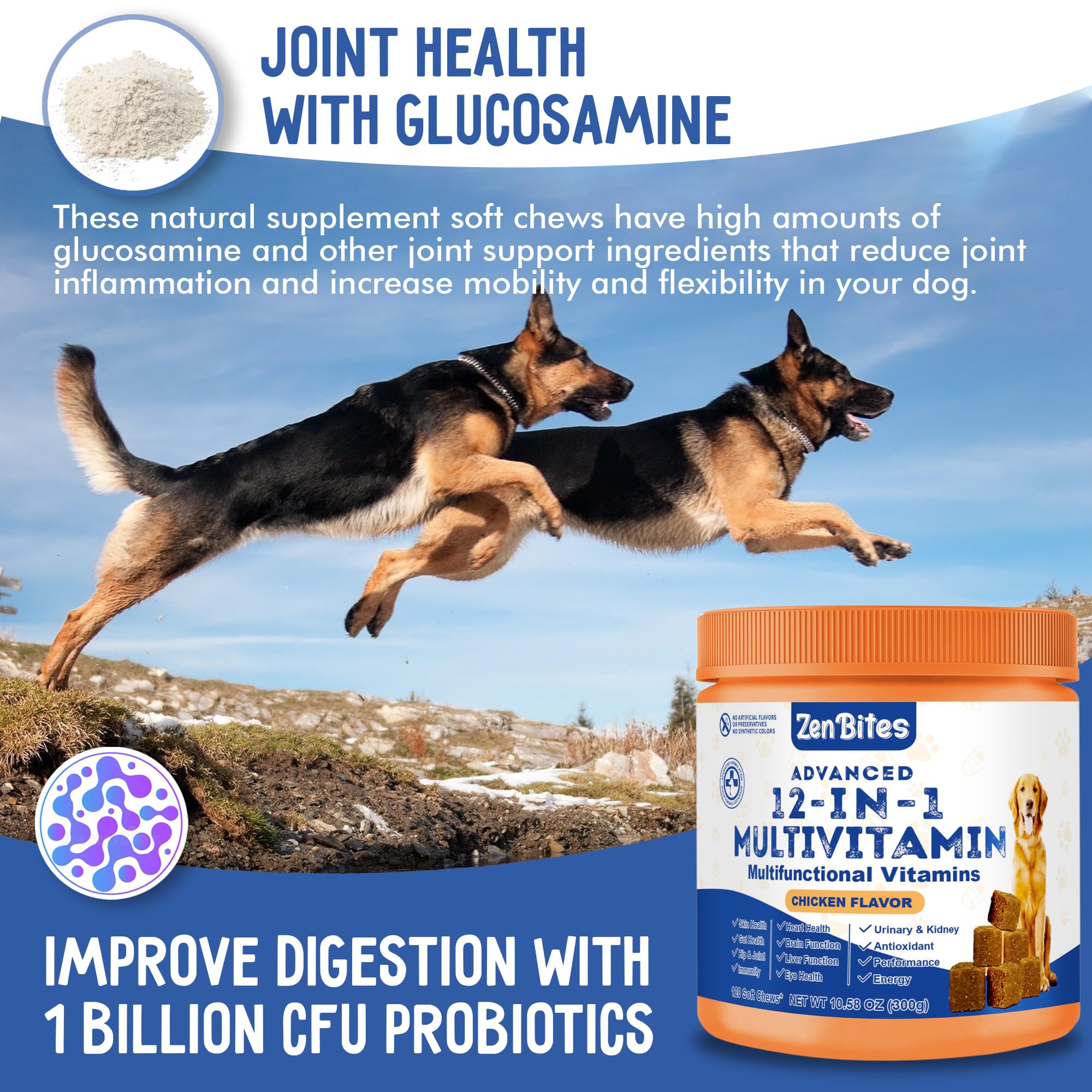 ZenBites 12-in-1 Dog Vitamins & Probiotics 120 Soft Chews - Organic Multivitamin with Glucosamine for Dogs - Joint Support Supplement for Dogs of All Ages,Sizes, & Breeds,Supports Skin,Heart,Immunity