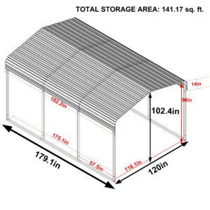 MUPATER 10 x 15 FT Metal Carport, Outdoor Heavy Duty, Garage Car Shelter Shade with Metal Roof, Frame and Bolts for Car, Truck and Boats, Grey