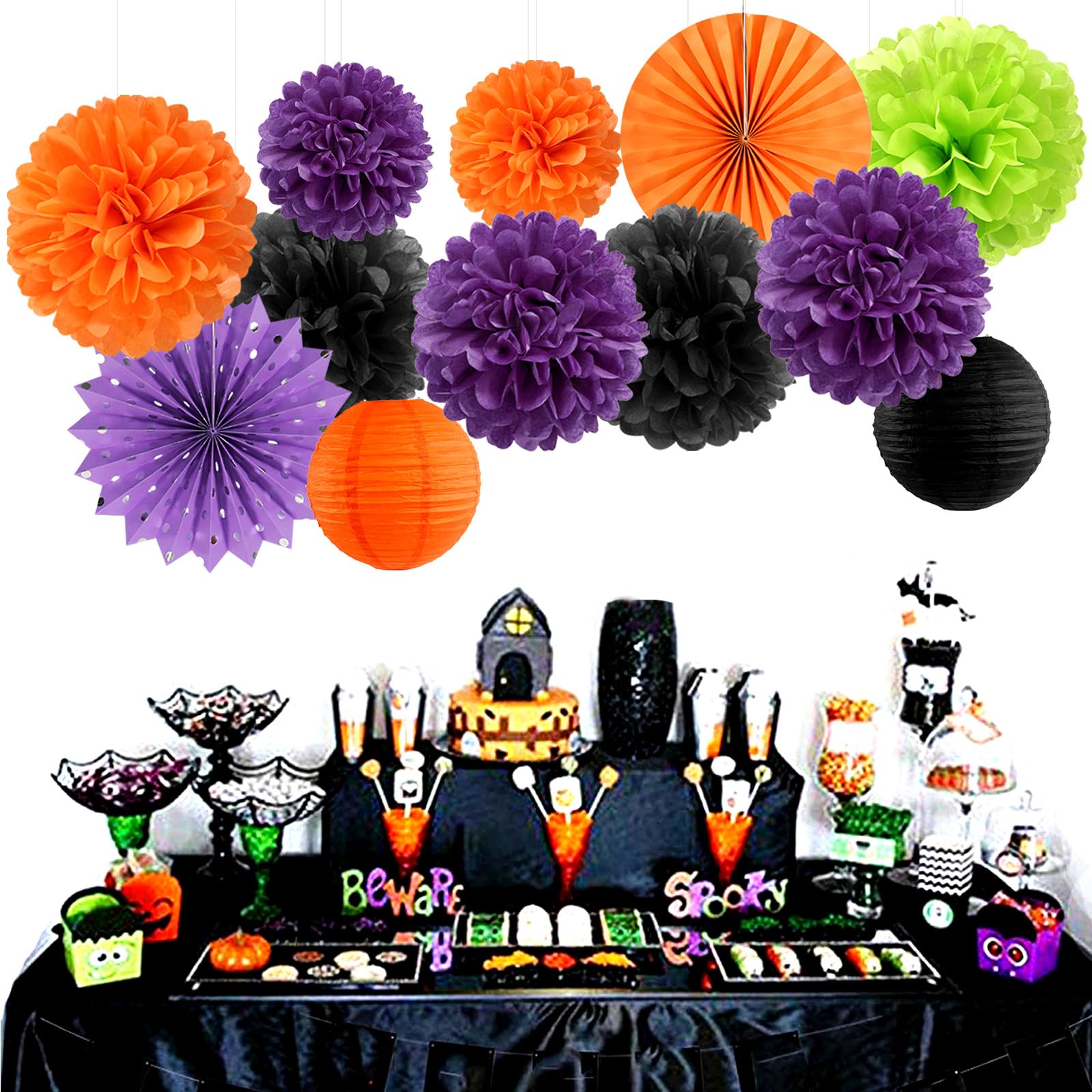 Black Purple Orange-Green Halloween Party-Decorations - 20pcs Paper Lanterns Fans,Tissue Pom Poms,Honeycomb Balls,Hotel Transylvania Hocus Pocus Birthday Baby Bridal Shower Wedding Decor Burgleda