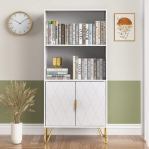 Anbuy White Bookshelf, 3 Tier Tall Bookcase with Doors, Storage Wood Shelves Modern Bookcases, Library Book Case for Living Room Bedroom Home Office Kitchen