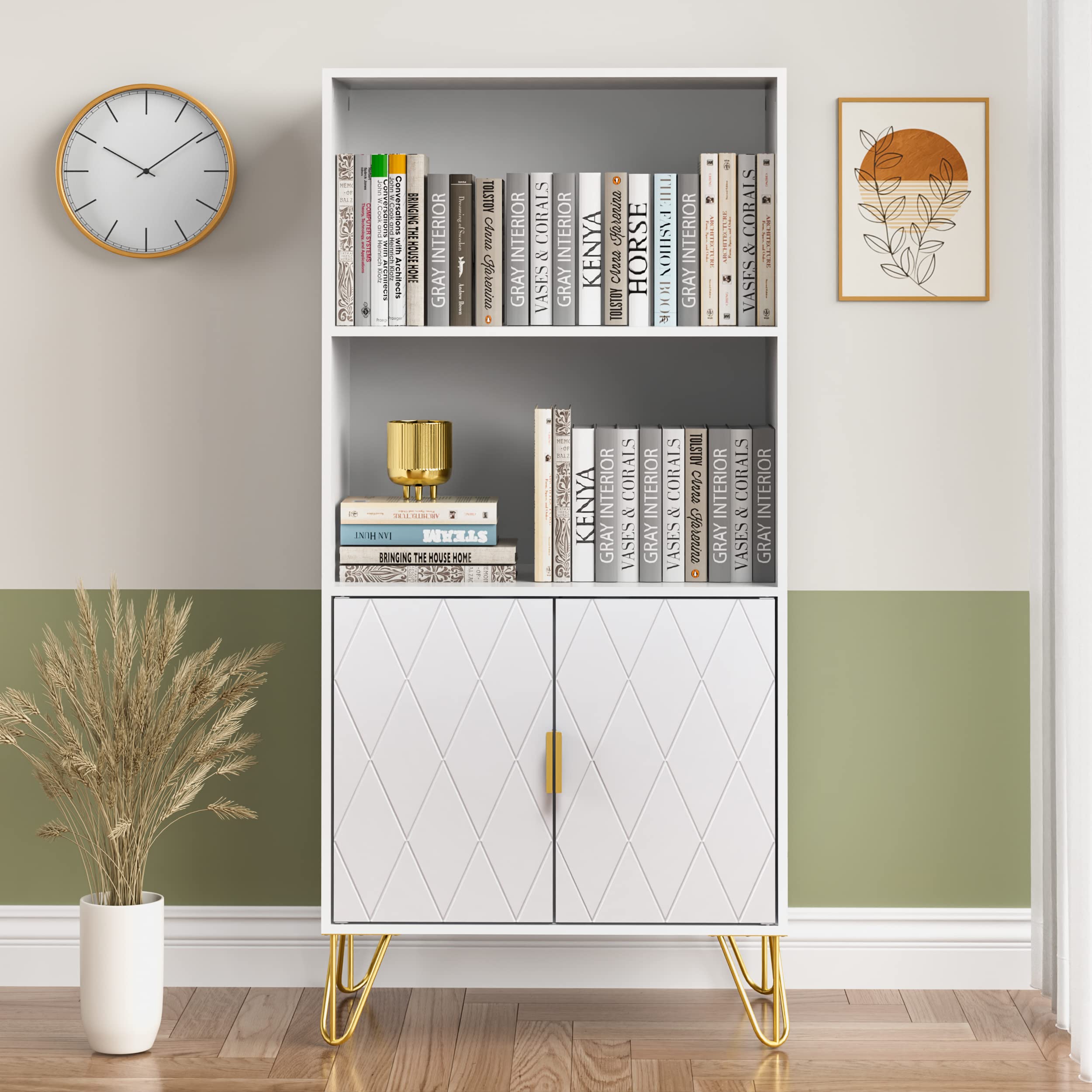 Anbuy White Bookshelf, 3 Tier Tall Bookcase with Doors, Storage Wood Shelves Modern Bookcases, Library Book Case for Living Room Bedroom Home Office Kitchen