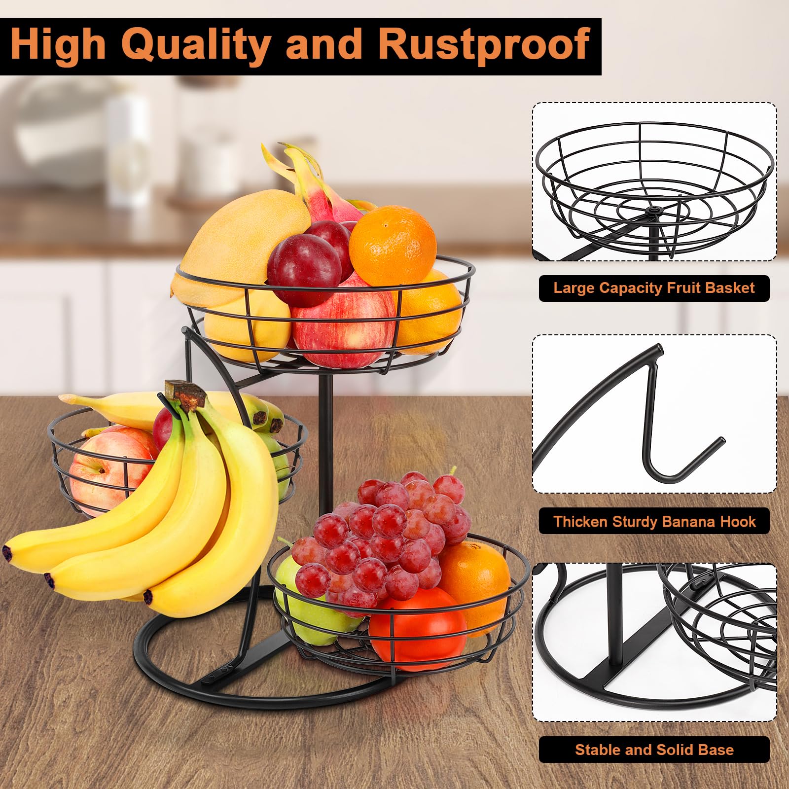 Livabber Fruit Basket Bowl with Banana Hanger, Fruit Vegetable Storage Basket with Banana Tree Holder for Kitchen Counter, Detachable Organizer for Bread Snack Produce (Black, 3-Tier Metal Base)