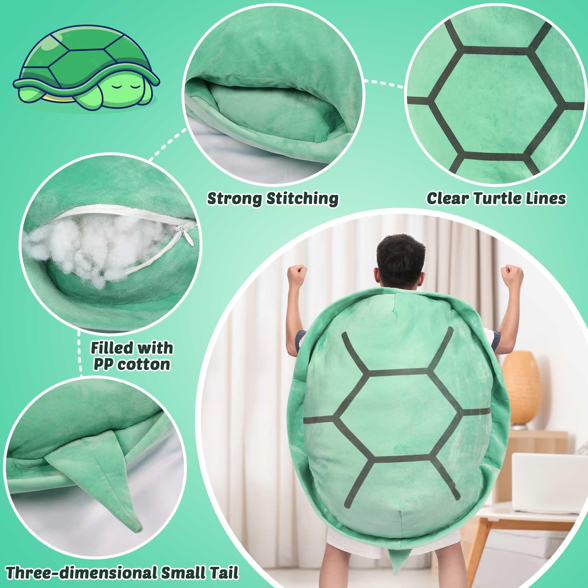 40 Inch Wearable Turtle Shell Pillows, Giant Tortoise Plush Pillow Green Turtle Shell Stuffed Animal Costume Plush Toy Funny Dress Up, Creative Gifts for Adlut Kids Birthday Home Decor