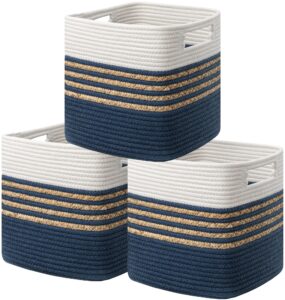 ubbcare set of 3 storage cubes 11 x 10.5 x 10.5 in, water hyacinth storage bins for shelves, toys, book, storage baskets with handles, cotton rope woven baskets for organizing, navy blue