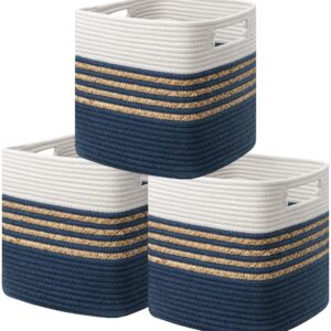 UBBCARE Set of 3 Storage Cubes 11 X 10.5 X 10.5 in, Water Hyacinth Storage Bins for Shelves, Toys, Book, Storage Baskets with Handles, Cotton Rope Woven Baskets for Organizing, Navy Blue