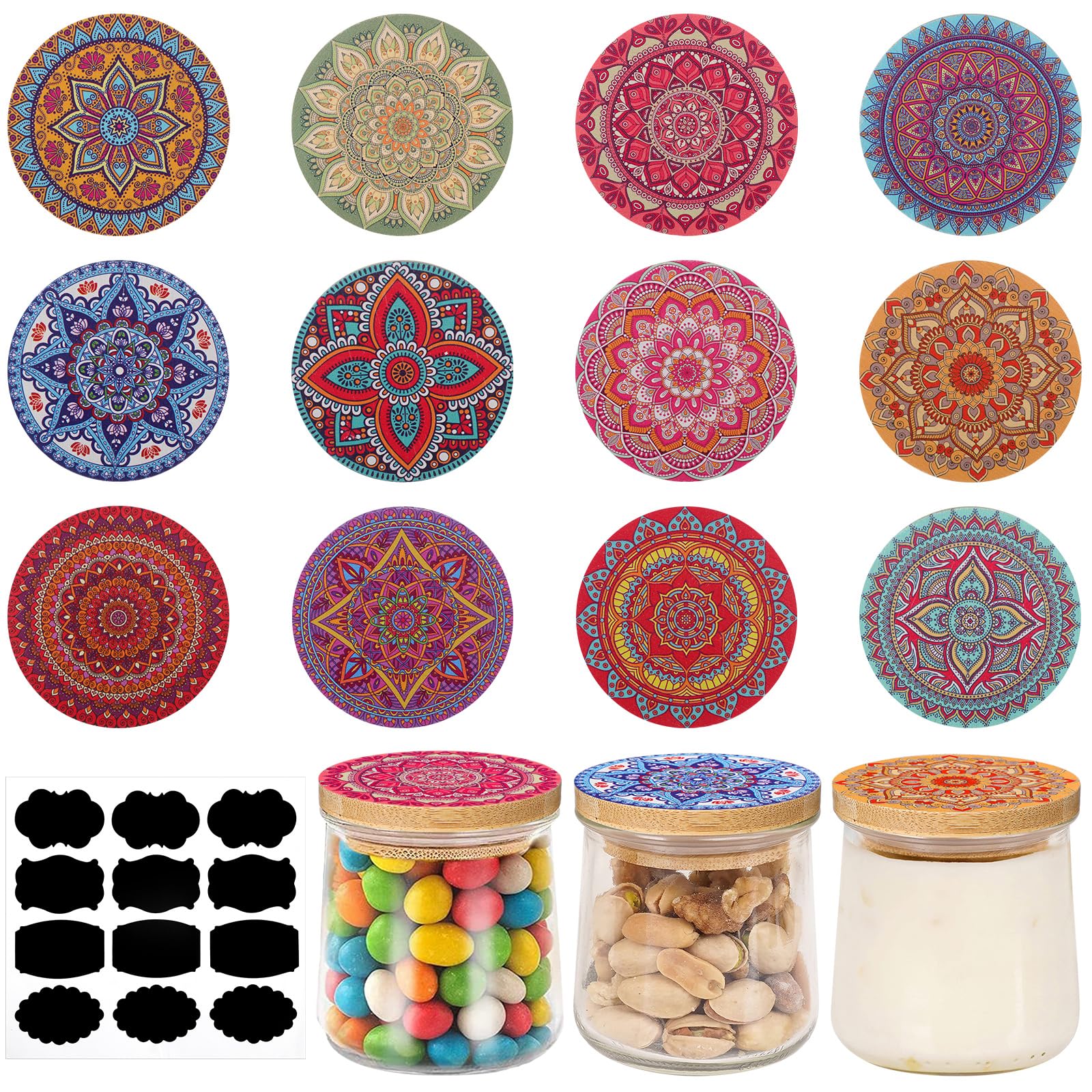 Uiifan 12 Pcs Yogurt Jar Lids Reusable Bamboo Mandala Pattern Lids with Silicone Sealing Rings and 12 Yogurt Bottle Label Jar Wooden Lids Compatible with Oui Yogurt Jars Cookie Spice Coffee Bean Jars