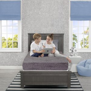 Delta Children Upholstered Twin Bed, Grey Snooze 6 inch Memory Foam Twin Mattress (Bundle)