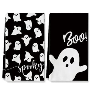 anydesign halloween kitchen towel 18 x 28 inch black white ghost dishcloth scary hand drying tea towel for halloween baking cooking home kitchen decor housewarming gift, 2pcs