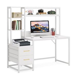 LITTLE TREE Computer Desk with Drawers and Hutch, Rustic Office Desk with Storage Shelves for Home Office