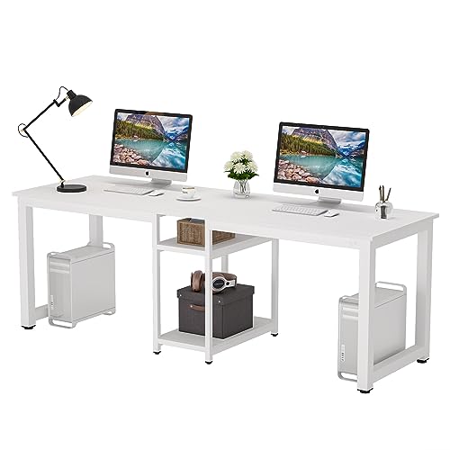 LITTLE TREE 78 Inch 2 Person Desk with Storage, Long Desk for 2 People, Extra Large Double Gaming Desk, White Two Computer Workstation Desk for Home Office