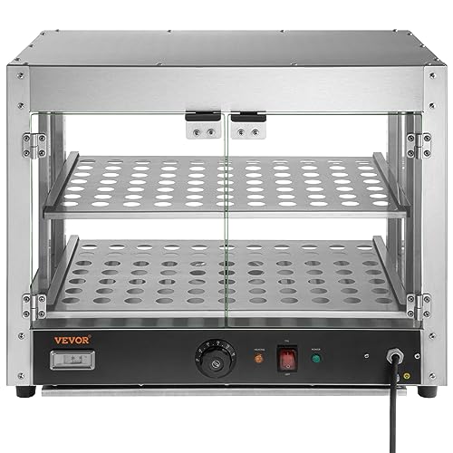 VEVOR Commercial Food Warmer Display, 2 Tiers, 800W Pizza Warmer w/ 3D Heating 3-Color Lighting Bottom Fan, Countertop Pastry Warmer w/Temp Knob & Display 0.6L Water Tray, Stainless Frame Glass Doors