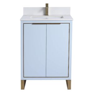 Fine Fixtures Opulence Collection 24 in. W x 18 in. D x 33 in. H Bathroom Vanity in Pastel Blue with White Matte Sintered Stone Sink - Satin Brass Hardware