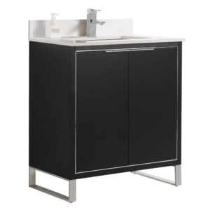 fine fixtures opulence collection 30 in. w x 18 in. d x 33 in. h bathroom vanity in black matte with white carrara sintered stone sink - chrome hardware