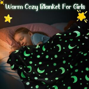 Glow in The Dark Throw Blanket Christmas Birthday Gifts for Kids, Flannel Fleece Blanket Soft Warm Cozy Kids Blanket for Boys Girls, 47 x 59 Inches (Moon, Star,4 Pieces)