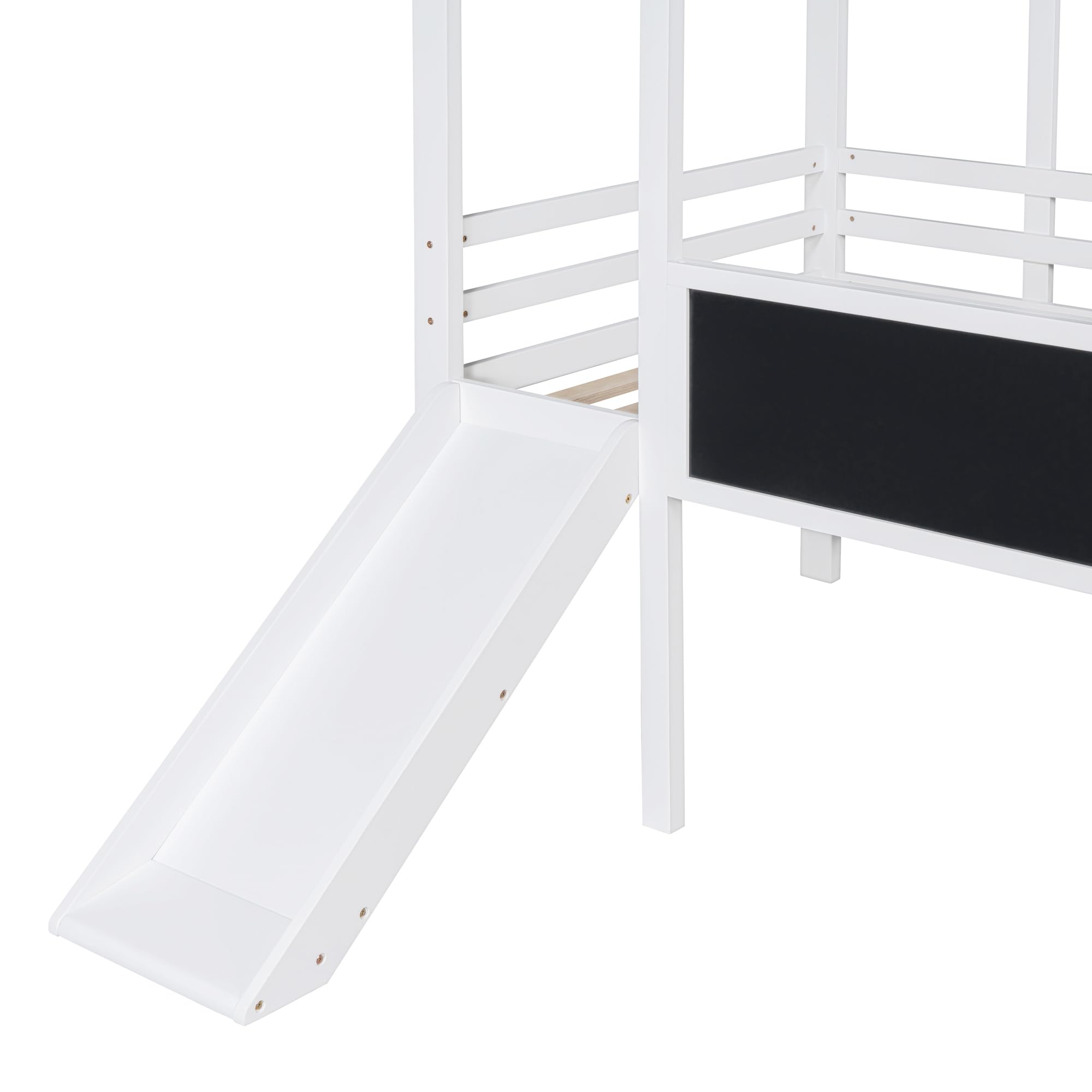 BestLM Twin Size Loft Bed with Slide and Ladder for Kids, Wood Platform Bed House Bed Frame with Blackboard and Sparkling Light Strip on The Roof for Bedroom, No Box Spring Required, White