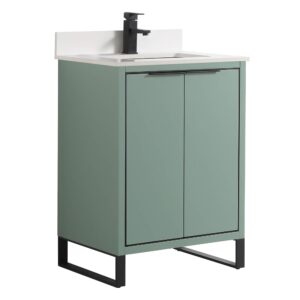 fine fixtures opulence collection 24 in. w x 18 in. d x 33 in. h bathroom vanity in mint green with white matte sintered stone sink - black hardware