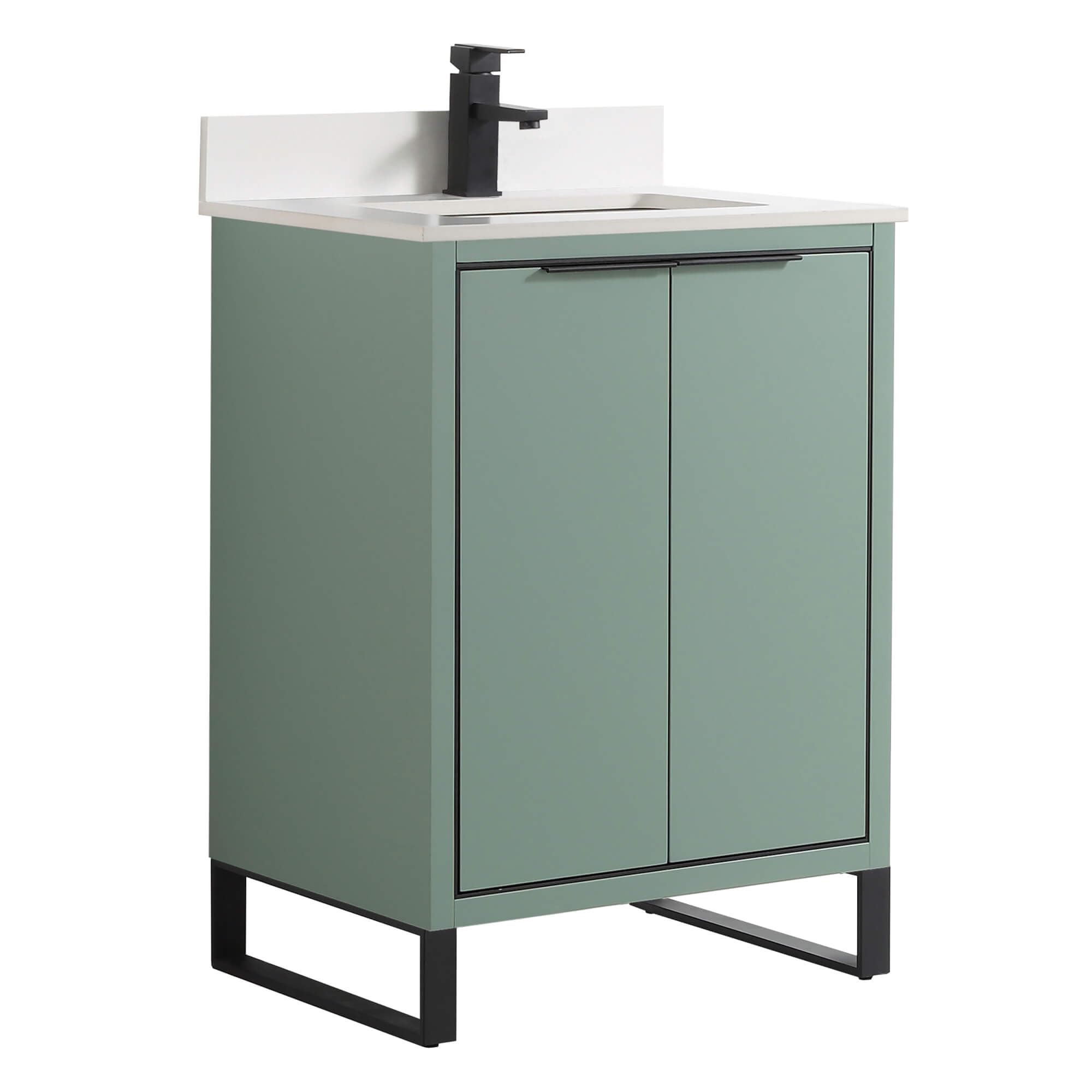 Fine Fixtures Opulence Collection 24 in. W x 18 in. D x 33 in. H Bathroom Vanity in Mint Green with White Matte Sintered Stone Sink - Black Hardware