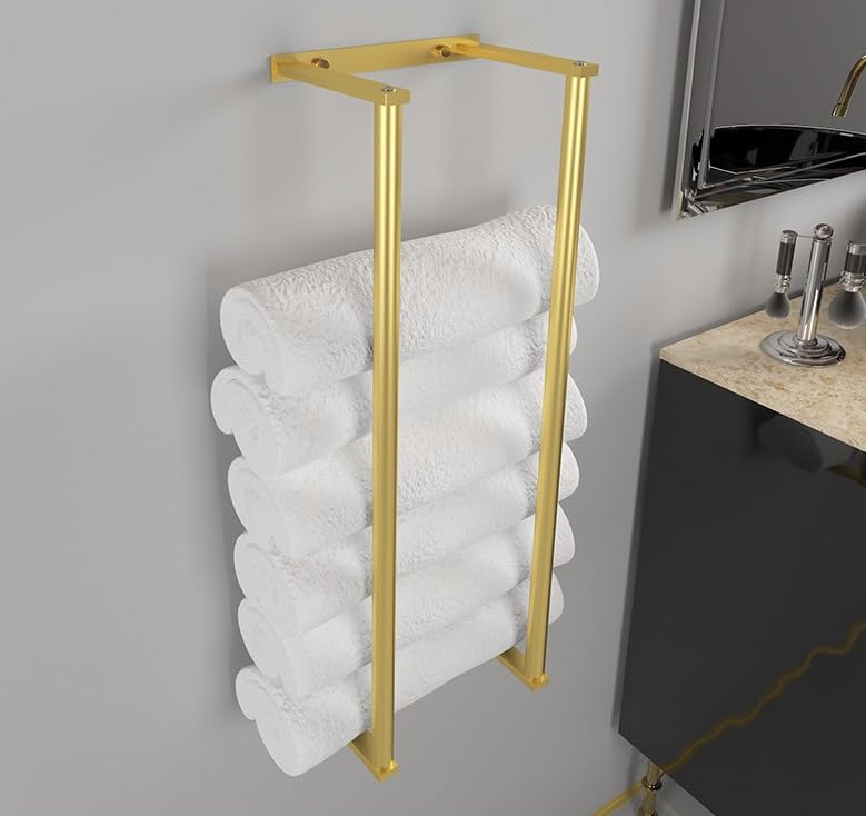 Bathroom Towel Rack for Rolled Towels, Wall Mounted Towel Storage Rack for Bathroom Organization, Stainless Steel Towel Storage Holder Can Holds Up to 6 Large Bath Towels (Gold)