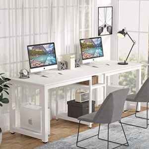 LITTLE TREE 78 Inch 2 Person Desk with Storage, Long Desk for 2 People, Extra Large Double Gaming Desk, White Two Computer Workstation Desk for Home Office