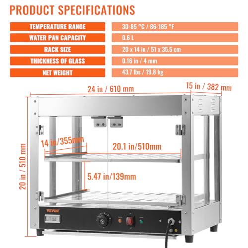 VEVOR Commercial Food Warmer Display, 2 Tiers, 800W Pizza Warmer w/ 3D Heating 3-Color Lighting Bottom Fan, Countertop Pastry Warmer w/Temp Knob & Display 0.6L Water Tray, Stainless Frame Glass Doors