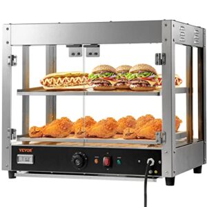 VEVOR Commercial Food Warmer Display, 2 Tiers, 800W Pizza Warmer w/ 3D Heating 3-Color Lighting Bottom Fan, Countertop Pastry Warmer w/Temp Knob & Display 0.6L Water Tray, Stainless Frame Glass Doors