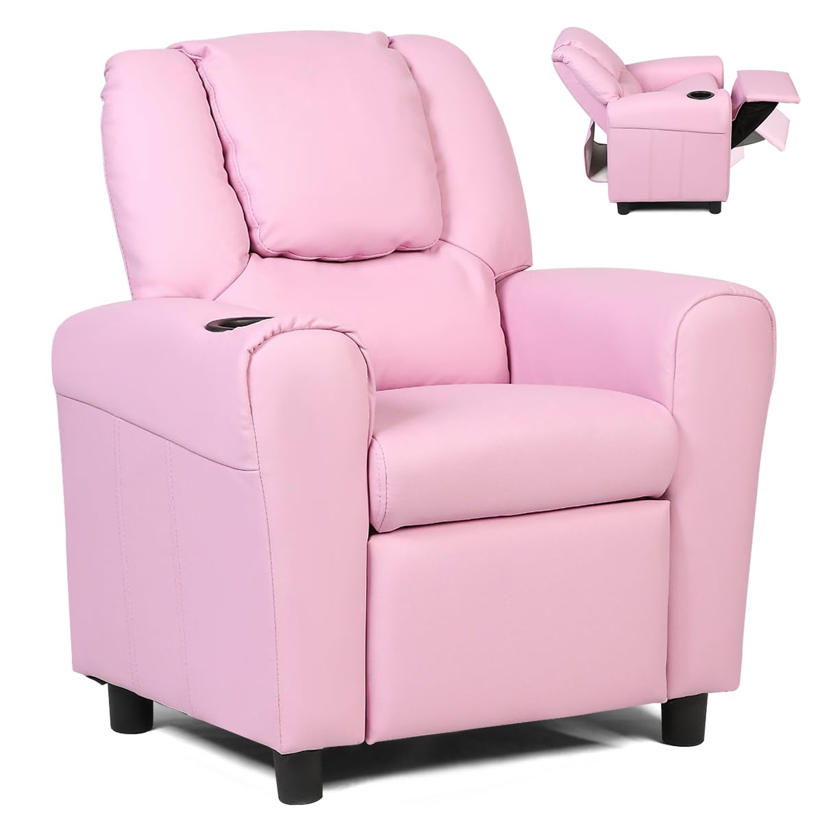 BETTARY Kids Recliner Chair, Children PU Leather Lounge Chair with Adjustable Backrest, Footrest, Headrest & Cup Holder, Toddler Couch for Boys & Girls, Pink