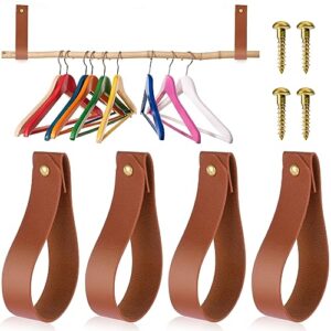 simarro 4pcs pu leather hook lanyard, wall hanging straps hanger wall mounted hooks towel hook curtain rod holder for bathroom kitchen bedroom boho style decor (brown)