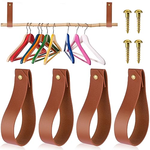 simarro 4Pcs PU Leather Hook Lanyard, Wall Hanging Straps Hanger Wall Mounted Hooks Towel Hook Curtain Rod Holder for Bathroom Kitchen Bedroom Boho Style Decor (Brown)