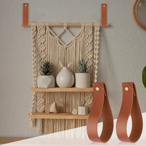 simarro 4Pcs PU Leather Hook Lanyard, Wall Hanging Straps Hanger Wall Mounted Hooks Towel Hook Curtain Rod Holder for Bathroom Kitchen Bedroom Boho Style Decor (Brown)