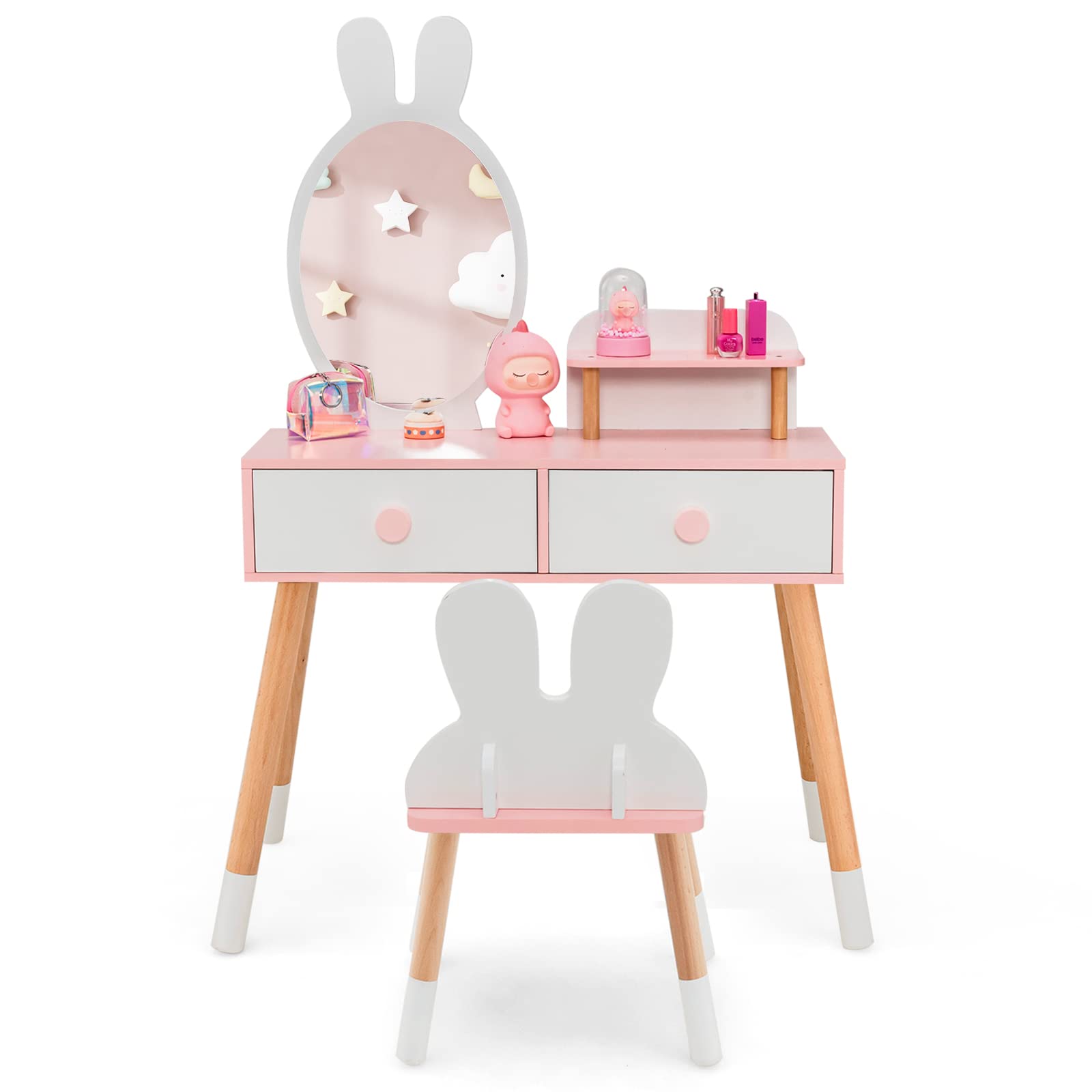 Costzon Kids Vanity Set, Girls Vanity Set with Mirror & Stool, 2 Large Drawers, Storage Shelf, Wooden Princess Makeup Dressing Table, Pretend Play Vanity Table Chair Set for Toddlers (White)