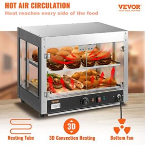 VEVOR Commercial Food Warmer Display, 2 Tiers, 800W Pizza Warmer w/ 3D Heating 3-Color Lighting Bottom Fan, Countertop Pastry Warmer w/Temp Knob & Display 0.6L Water Tray, Stainless Frame Glass Doors