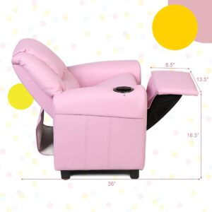 BETTARY Kids Recliner Chair, Children PU Leather Lounge Chair with Adjustable Backrest, Footrest, Headrest & Cup Holder, Toddler Couch for Boys & Girls, Pink