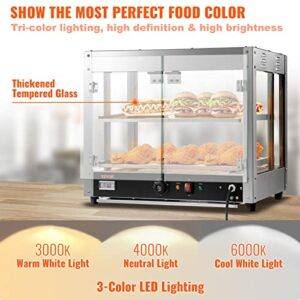 VEVOR Commercial Food Warmer Display, 2 Tiers, 800W Pizza Warmer w/ 3D Heating 3-Color Lighting Bottom Fan, Countertop Pastry Warmer w/Temp Knob & Display 0.6L Water Tray, Stainless Frame Glass Doors