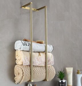 bathroom towel rack for rolled towels, wall mounted towel storage rack for bathroom organization, stainless steel towel storage holder can holds up to 6 large bath towels (gold)