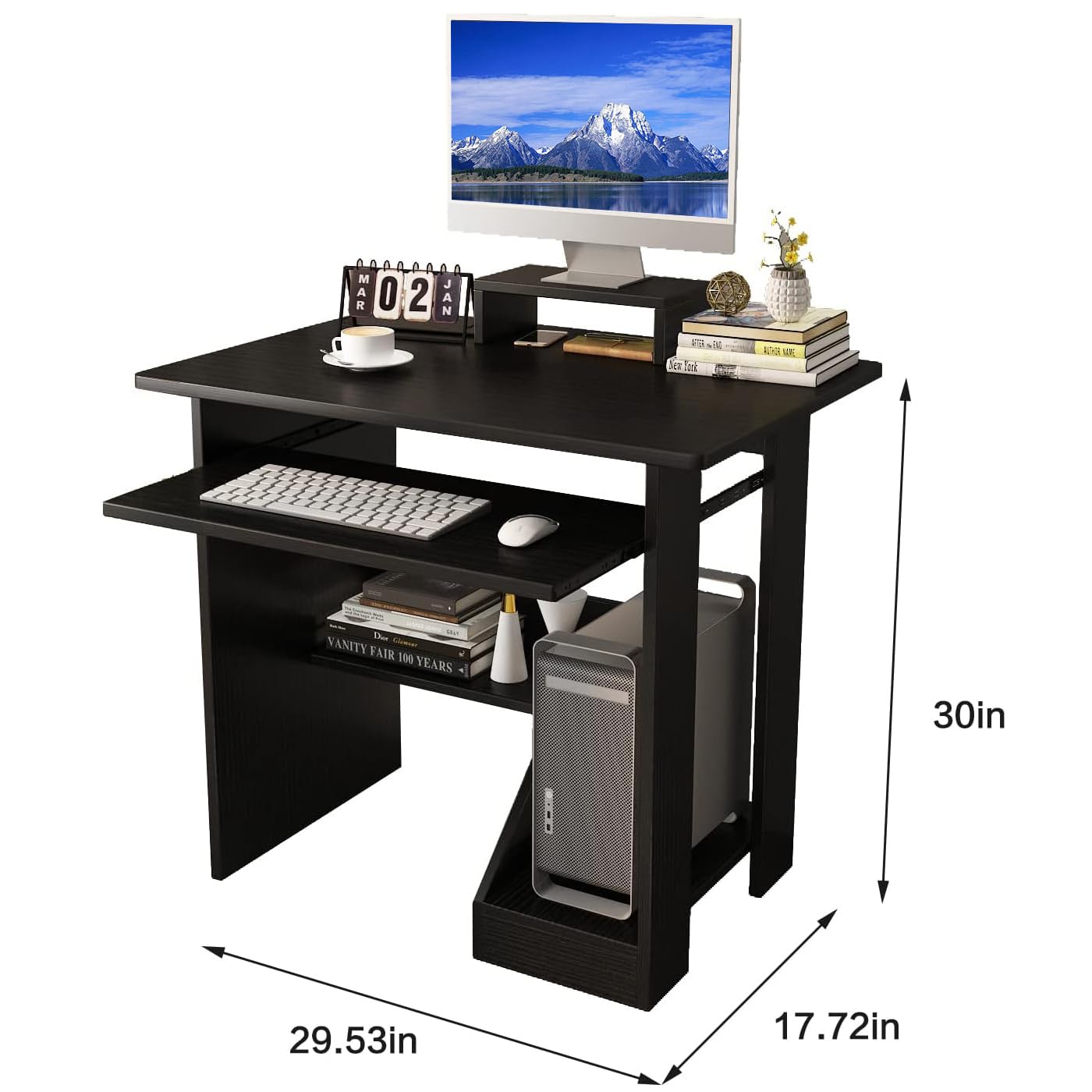 LERIJN 30Inch Small Computer Desk for Small Spaces, Computer Desk with Shelves and Keyboard Tray, Standing Compact Desk with Storage, Home Office Study Computer Desk with Monitor Stand, Black