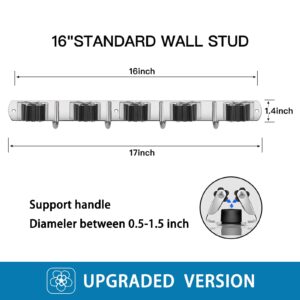 Vebroert Mop Broom Holder Wall Mount, Stainless Steel Broom Organizer Wall Mounted Self Adhesive, Garage Laundry Room Garden Organization Tool Storage Rack, Heavy Duty Hangers 5 Racks and 4 Hooks