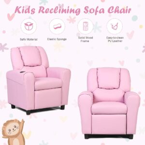 BETTARY Kids Recliner Chair, Children PU Leather Lounge Chair with Adjustable Backrest, Footrest, Headrest & Cup Holder, Toddler Couch for Boys & Girls, Pink