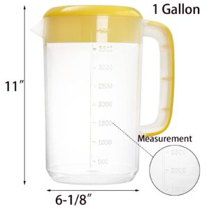 Jucoan 2 Pack 1 Gallon Plastic Straining Pitcher, Large Drink Pitcher Water Carafe Jug Clear Ice Tea Maker Beverage Pitcher with Strainer Cover, Handles, Measurements (Pink + Yellow)