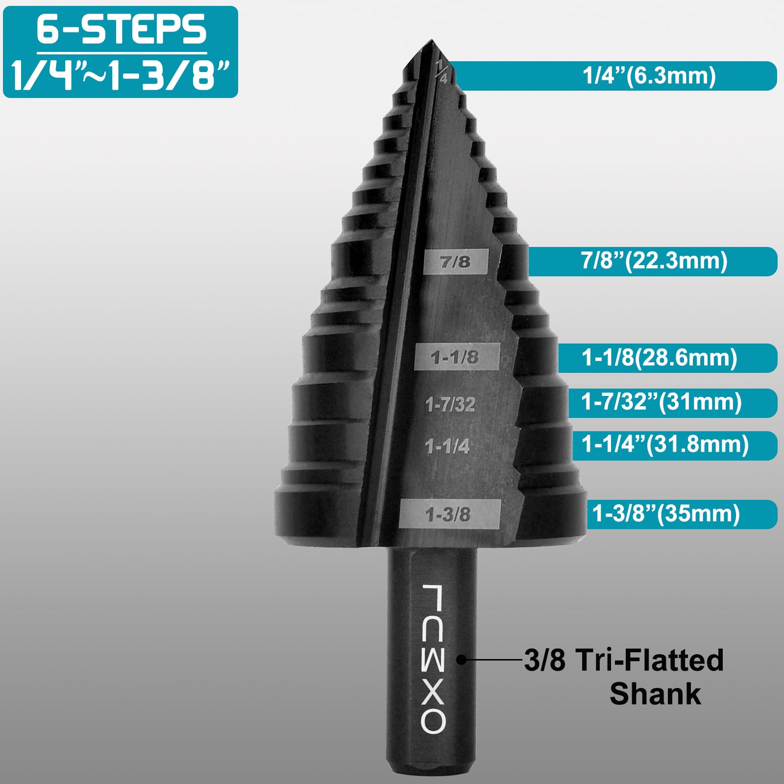 OXMUL M35 Step Drill Bit for Metal, 1/4" to 1-3/8", Cobalt Bits, Heavy Duty for Stainless Steel, Metal, Aluminum, Copper, 6-Steps. 204