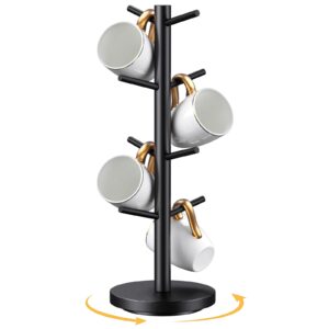 Coffee Mug Holder Tree, Upgraded 360° Rotated Coffee Cup Holder for Counter, Wood Coffee Mug Tree, Coffee Mug Rack with 8 Hooks, Coffee Mug Organizer Station, Mug Stand Coffee Bar Accessories, Black