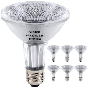 vinaco par30 long neck halogen 60w 120v, long lasting 6 pack par30l flood light bulb, par30 dimmable, high output 1000lm with par30 e26 warm white 2800k indoor outdoor par30ln