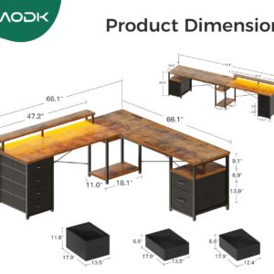 AODK 66" L Shaped Computer Desk, 113“ Reversible Home Office Desk with File Cabinet & 4 Fabric Drawers, Two Person Desk with LED Lights & Power Outlet, Corner Gaming Desk with Monitor Shelf, Vintage