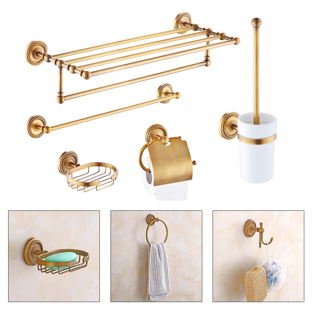 7X Vintage Copper Wall Mounted Towel Rack Kit Bathroom Hardware Complete Toilet Paper Brush Holder Ring Soap Towel Rack for Bathroom, Toilet