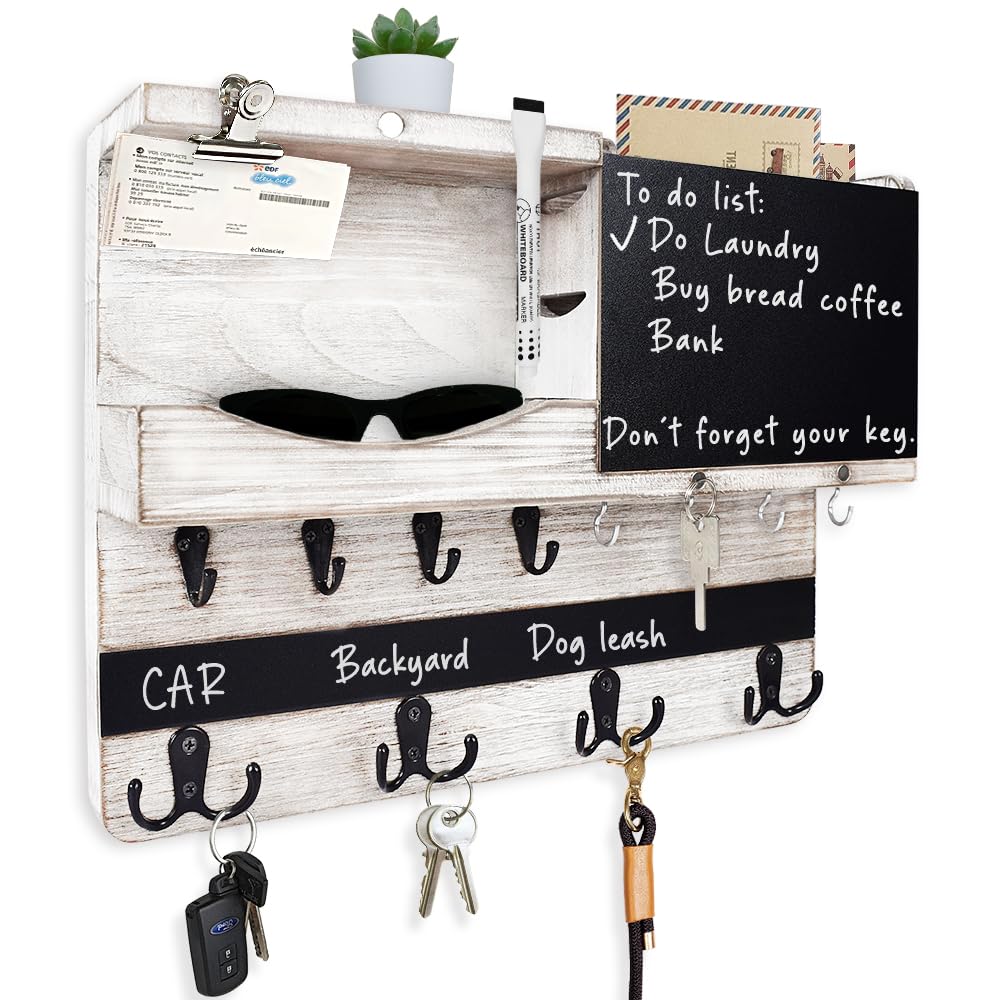 Farmhouse Key and Mail Holder for Wall Decorative, Rustic Mail and Key Organizer for Wall with Different Hooks, Chalkboard, Key Holder Wall Mount with Shelf, Basket, Clips(Pine Wood, White Washed)