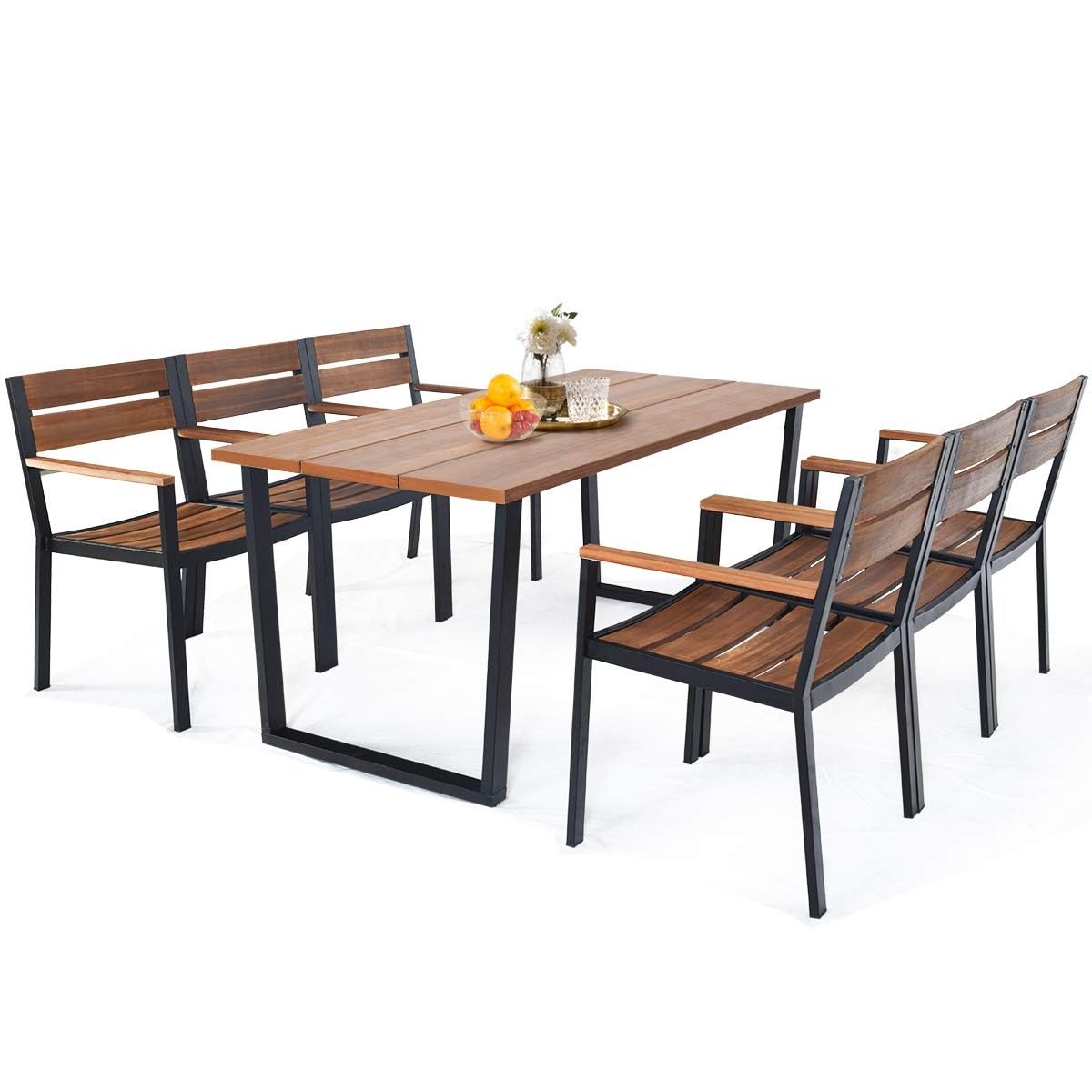 HAPPYGRILL 7 Piece Patio Dining Set Outdoor Dining Furniture with 6 Armchair Heavy Duty Steel Frame Acacia Wood Table Top Umbrella Hole Patio Furniture Set for Backyard Garden Poolside