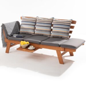 Idzo Amelie Outdoor Daybed Sofa: 750lbs Max Weight Support, Sleeper Chair with Armrest, Coffee Tray, 3 Pillows, FSC Wood, Gray, Ideal for Outdoor Couch