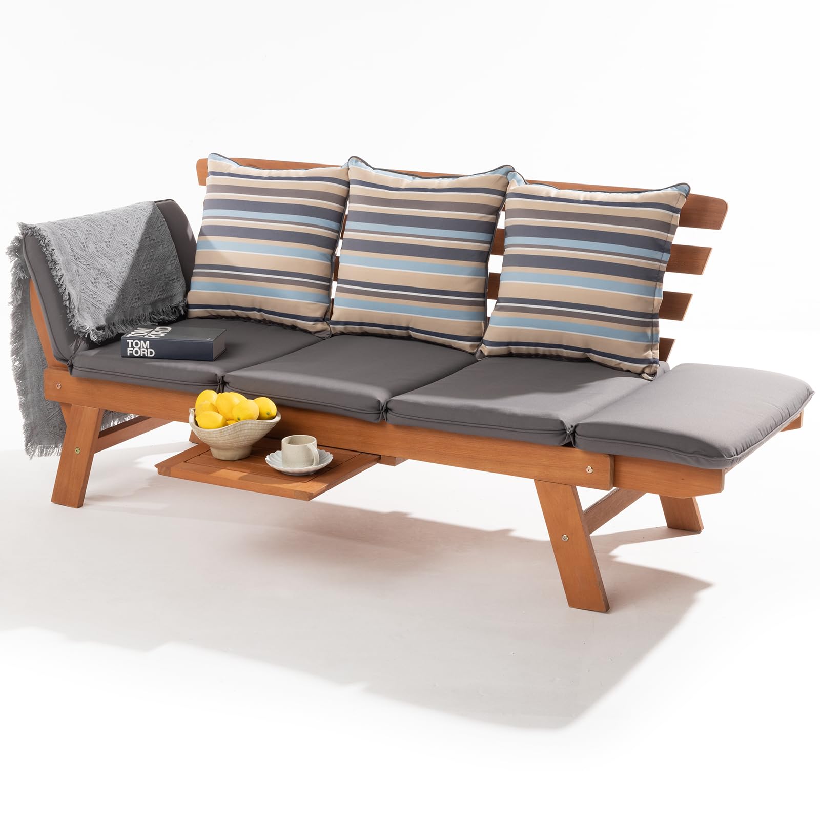 Idzo Amelie Outdoor Daybed Sofa: 750lbs Max Weight Support, Sleeper Chair with Armrest, Coffee Tray, 3 Pillows, FSC Wood, Gray, Ideal for Outdoor Couch