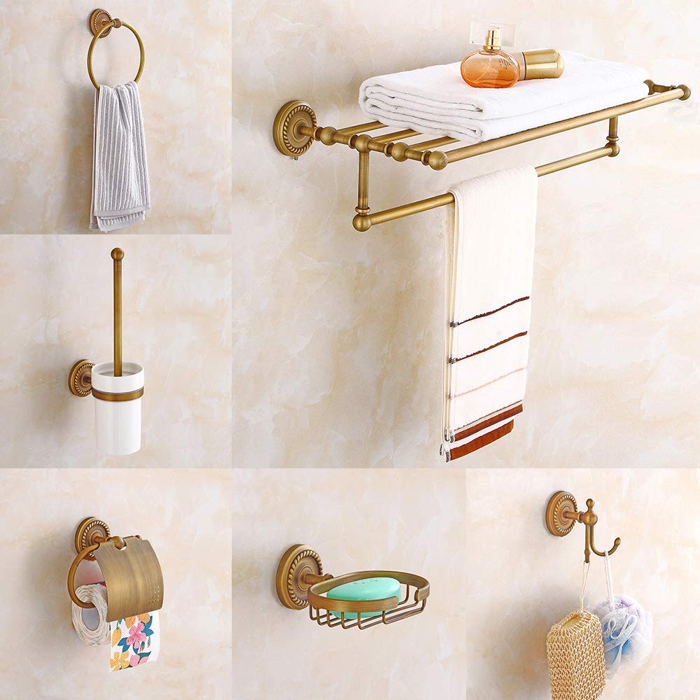 7X Vintage Copper Wall Mounted Towel Rack Kit Bathroom Hardware Complete Toilet Paper Brush Holder Ring Soap Towel Rack for Bathroom, Toilet