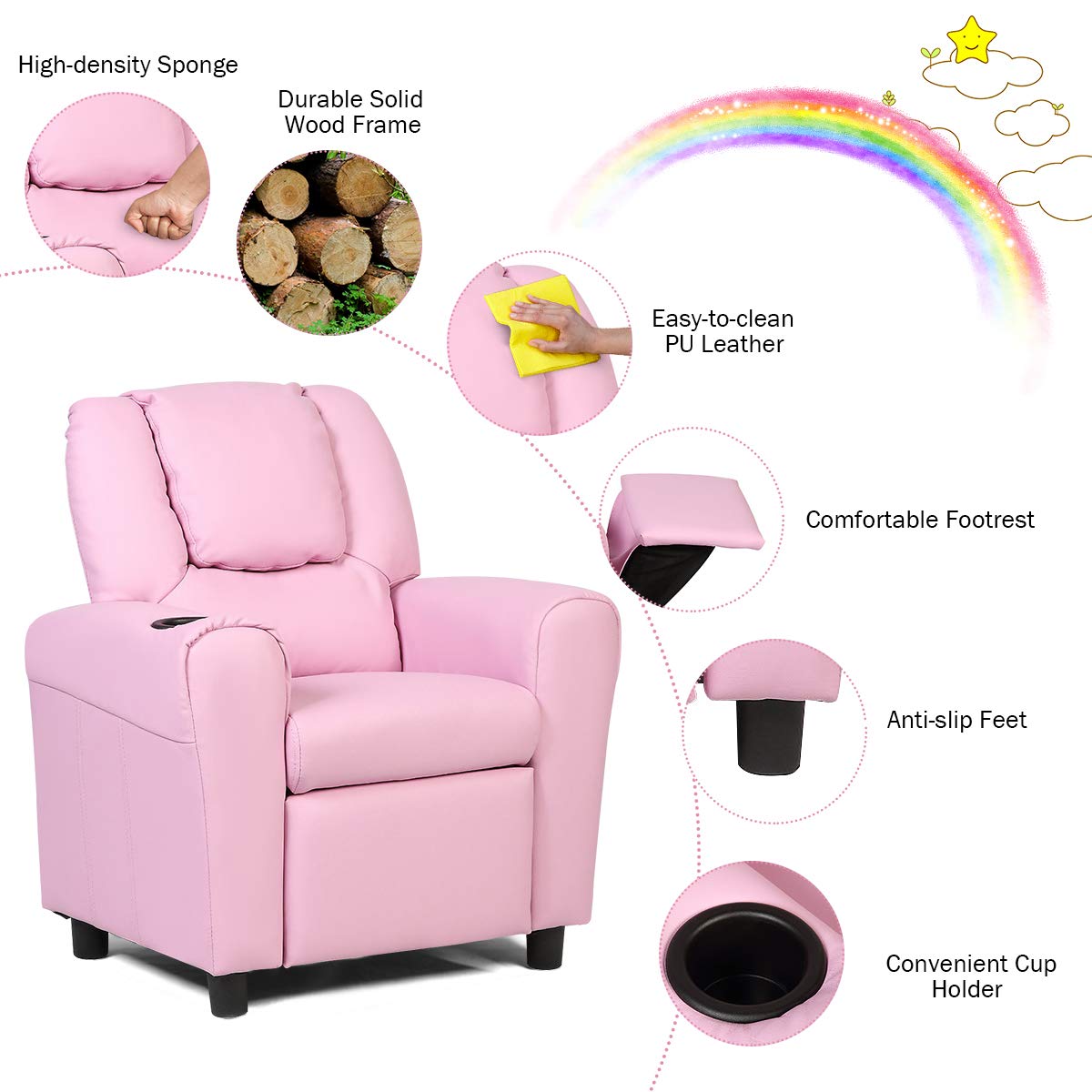 BETTARY Kids Recliner Chair, Children PU Leather Lounge Chair with Adjustable Backrest, Footrest, Headrest & Cup Holder, Toddler Couch for Boys & Girls, Pink